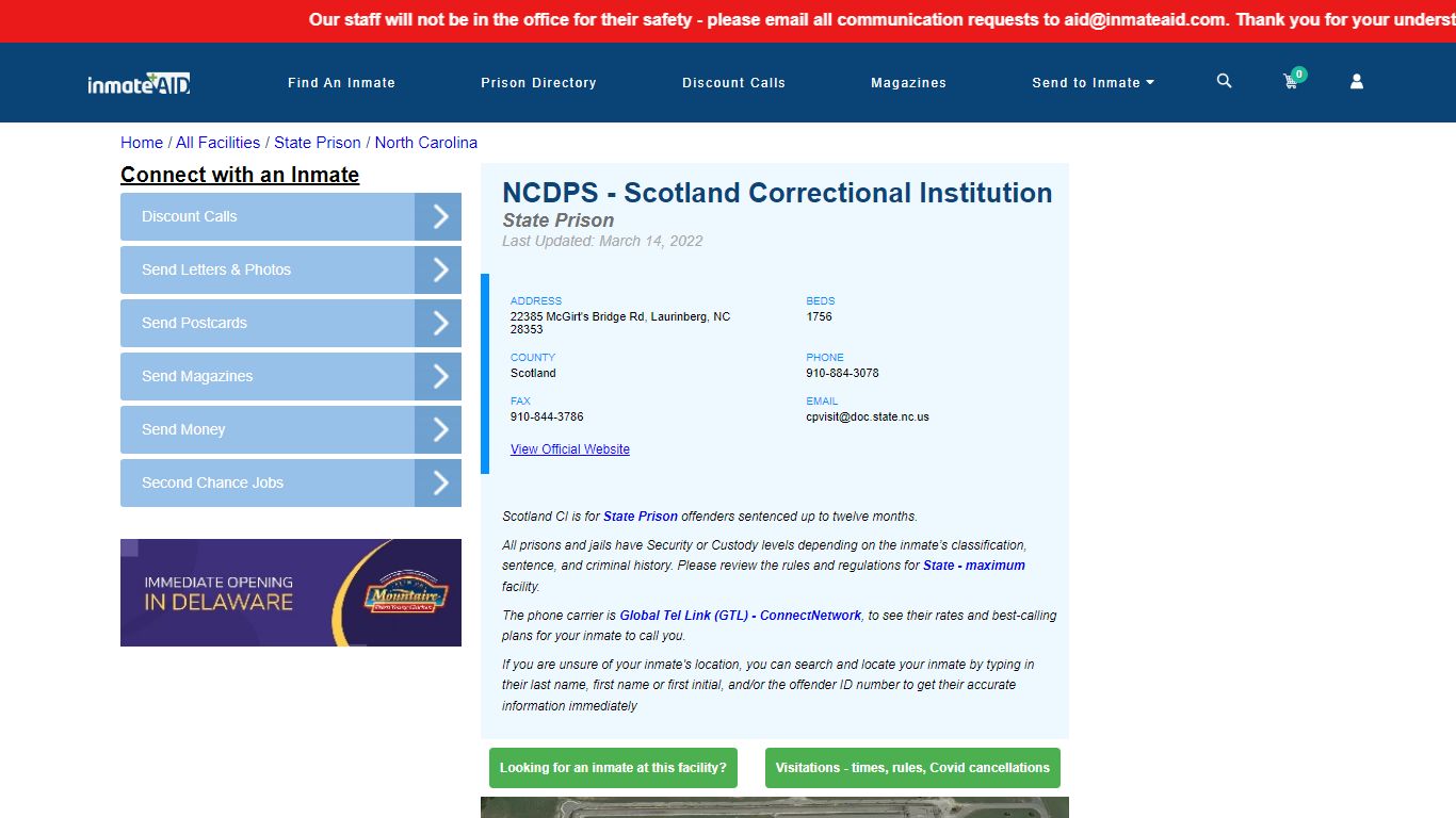 NCDPS - Scotland Correctional Institution & Inmate Search ...